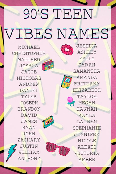 Names that were popular in the 1990s for teens. Baby names. Girls names. Boys names. 1980s Names, 90s Names, 80s Names, S Boy Names, Y2k Names, File Aesthetic, Comic Help, Hazbin Oc, Oc Names