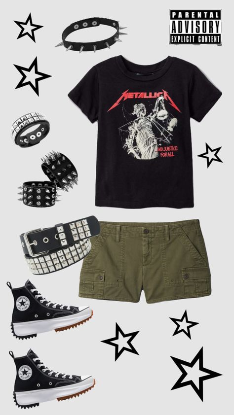 🤘🏻🎸🎧 #metallica#metalhead#summer #outfitinspo Metalhead Fashion, Metallica Concert, Estilo Punk, Cool Fits, Workout Accessories, Grunge Outfits, Outfits Aesthetic, School Outfits, Concert Outfit