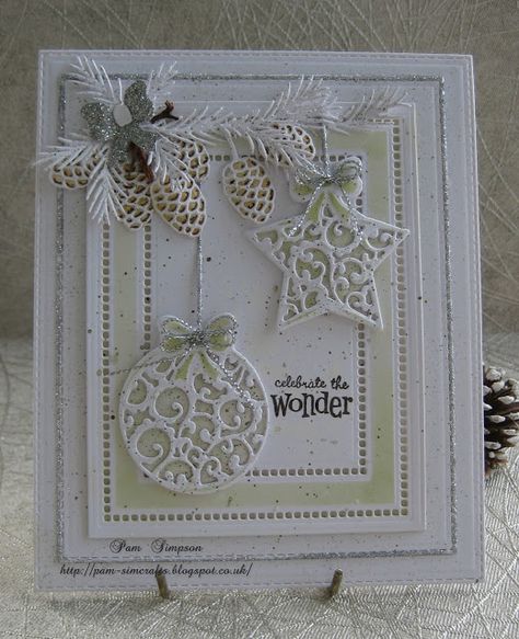 Hi friends and visitors.. Another Christmas bauble card.. Delicate green using distress ink. Bundled Sage , one of my most... Beautiful Handmade Christmas Cards, Christmas Cards With Baubles, Christmas Bauble Cards, Bauble Christmas Cards, White Christmas Cards, Craftwork Cards Christmas, Die Cut Christmas Cards, Christmas Cards 2017, Christmas Cards 2018