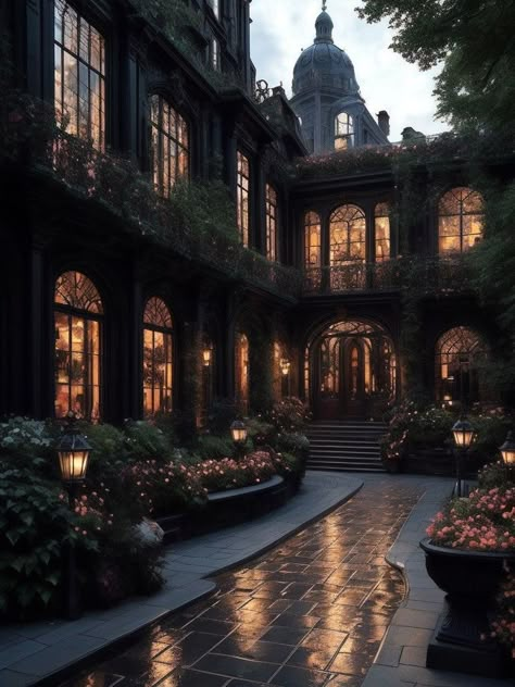 Dark Academia Aesthetic Exterior, Dark Wood Mansion, Gothic Manor House, Dark Mansion Interior, Dark Academia House Exterior, Manor Entrance, Mahogany House, Manor Aesthetic, Dark Mansion