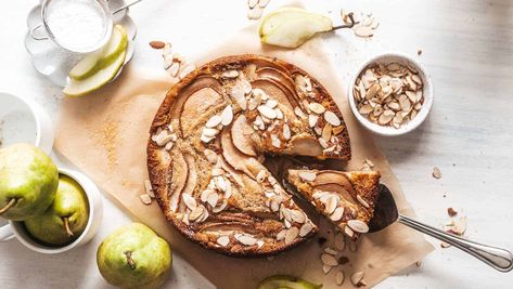 Spiced Pear and Almond Cake Pear And Almond Tart, Pear Almond, Pear And Almond Cake, Almond Tart, Almond Cake Recipe, Pear Cake, Hot Spices, Sliced Pears, Spiced Pear