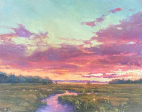 #oilpaintings #sunset #landscape #landscapepainter Pink Landscape Painting, Pink Gallery Wall, Newbury Street Boston, Newbury Street, Pink Painting, Sunset Landscape, Pink Sunset, Pink Clouds, Holiday Weekend