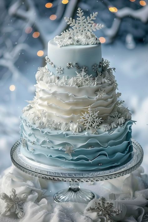 Icy Blue Charm: A Winter Wonderland Birthday Cake Snow Cake Design, Winter Birthday Themes For Women, Sweet 16 Blue Cake, Winter Sweet 16 Party Ideas, Winter Wonderland Sweet 16 Cake, 18th Birthday Winter, Sweet 16 Party Ideas Themes Winter, White Winter Wonderland Party, Winter Birthday Party Ideas For Teens