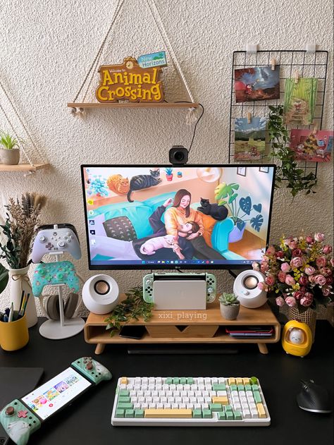 Nintendo Switch Gaming Setup, Nintendo Switch Setup Ideas, Simple Gaming Setup, Nintendo Switch Setup, Animal Crossing Logo, Nintendo Switch Cute, Set Up Gaming, Animal Crossing Nintendo Switch, Cottage Desk