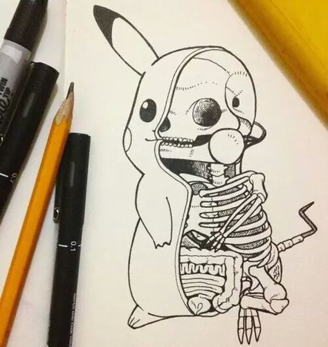 Zombie Pokemon Tattoo, Skeleton Pokemon Tattoo, Creepy Pikachu, Zombie Pikachu, Pokemon Skull, Marvel Tattoo Ideas, Grunge Sketch, Creepy Pokemon, Pikachu Tattoo