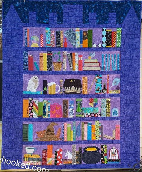 Bookshelf Quilts, Harry Potter Bookcase, Bookcase Quilts, Modern Quilting Tutorials, Bookshelf Quilt, Bookcase Quilt, Hp Christmas, Beginner Quilting Projects, Harry Potter Quilt