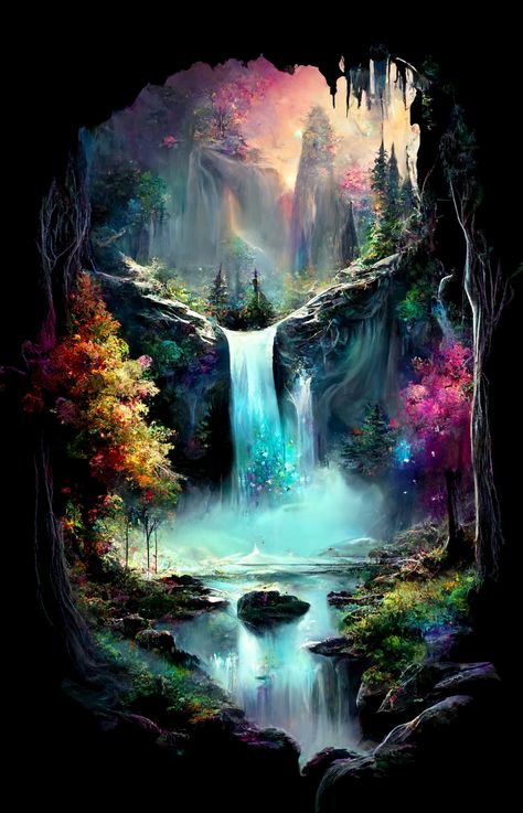 fantasy Landscape Magical forest Zicxa.com Mystical Woods Magical Forest, Fantasy Waterfall Forest, Enchanted Forest Waterfall, Mythical Forest Art, Enchanted Forest Fantasy Art, Enchanted Forest Pictures, Mystical Art Drawings, Enchanted Forest Artwork, Fey Wild Landscape