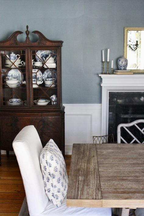 Elegant Blue Dining Room Reveal | My Life From Home French Blue Dining Room, Dusty Blue Dining Room, Blue Dining Room Ideas, White Slipcovered Chair, Dining Room Traditional, Dining Room Refresh, Blue Dining Room, Classic Dining Room, Traditional Dining Rooms