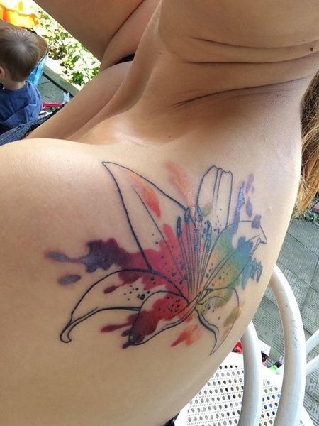 Lily Tattoo Color, Watercolor Lily Tattoo, Easter Lily Tattoo, Small Lily Tattoo, Calla Lily Tattoo, Lily Tattoo Designs, Lily Tattoo Ideas, Watercolor Galaxy Tattoo, Lily Tattoo Meaning