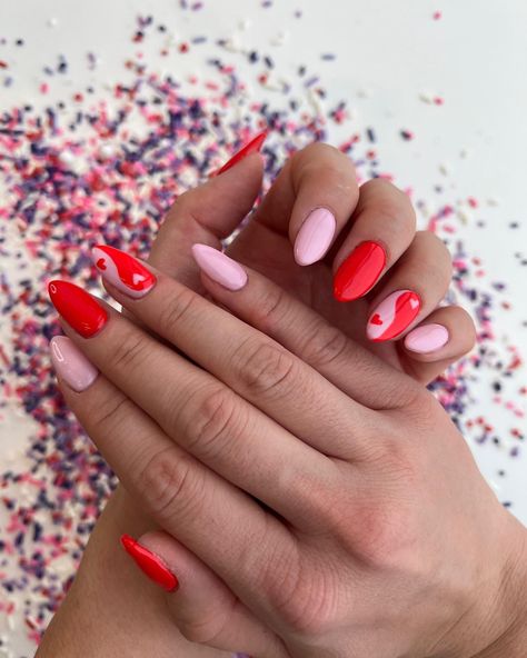 Yin Yang Valentine Nails, Retro Valentines Nails, Valentines Nails Xo, Red And Pink Nail Designs, Edgy Valentines Nails, Red And Pink Nails Ideas, Nail Valentines Day, Nail February, Pink And Red Nail Designs