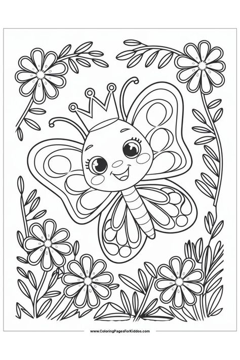 A cute butterfly wearing a crown, surrounded by flowers and leaves. Butterfly Coloring Pages Free Printable, Kawaii Butterfly, Cool Butterfly, Butterfly Coloring Pages, Free Printables For Kids, Easy Butterfly, Butterfly Coloring, Simple Butterfly, Printables For Kids