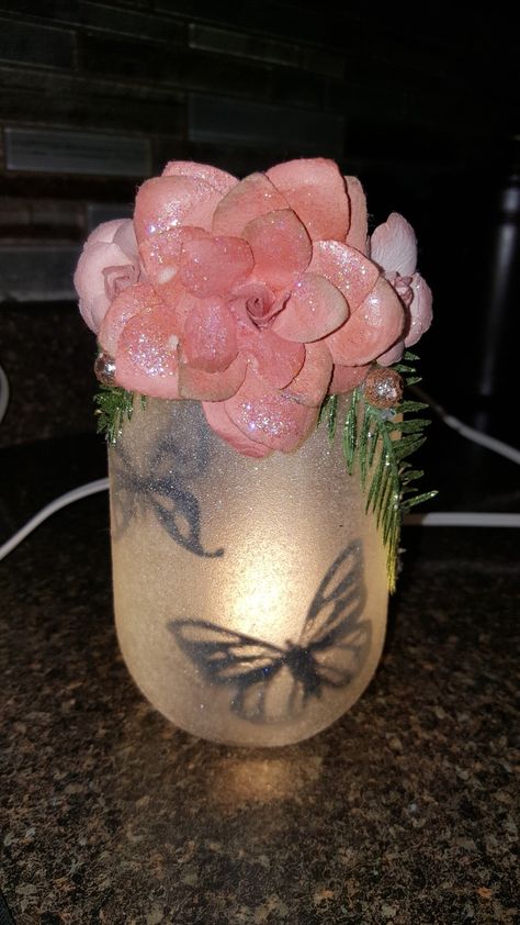 Butterfly In A Jar Night Light Butterfly Mason Jars, Fairy Garden Quinceanera Theme Night Lights, Pink Butterfly Centerpieces Quinceanera, Lantern Butterfly Centerpiece, Rose Gold Centerpiece Quinceanera Butterfly, Butterfly In A Jar, Butterfly Birthday Party Decorations, Butterfly Centerpieces, Lighted Centerpieces