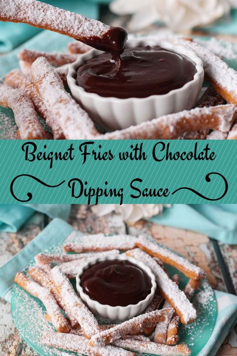 Beignet Fries with Chocolate Dipping sauce .. You never look at big beignets again!! Beignet Dipping Sauce Recipe, Funnel Cake Dipping Sauce, Beignet Dipping Sauce, Donut Dipping Sauce, Chocolate Dipping, Fall Lake, Chocolate Dipping Sauce, French Dessert Recipes, Sweet Bakes