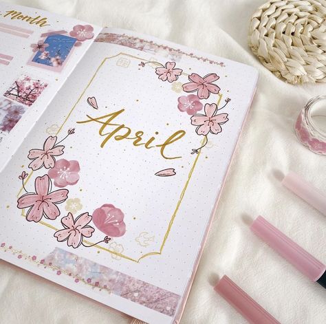 April Cover Page, Sakura Theme, Book Cover Page Design, File Decoration Ideas, Creative School Project Ideas, Bullet Journal Page, Bullet Journal Ideas Templates, Hello April, Bond Paper Design