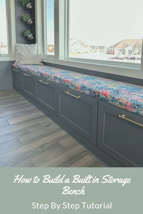 Diy Bench In Closet, How To Build Bench Seating With Storage, Bench Seats With Storage, Window Bench Seat With Storage Kitchen, How To Build Bench Seating, Diy Bench Seat With Storage Entryway, Diy Closet Bench, Storage Under Window, Bench With Storage Diy