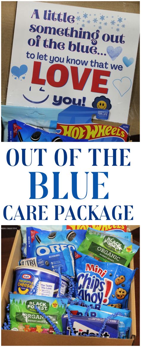 A little something out of the blue care package with blue-themed ideas from candy to beauty items, post-it notes and more! Color Party Basket Ideas Blue, Color Themed Gift Baskets Light Blue, Blue Themed Gift Baskets, Out Of The Blue Care Package, Feeling Blue Care Package Friends, Blue Doritos, Blue Lip Balm, Blue Soap, Blue Tissue Paper