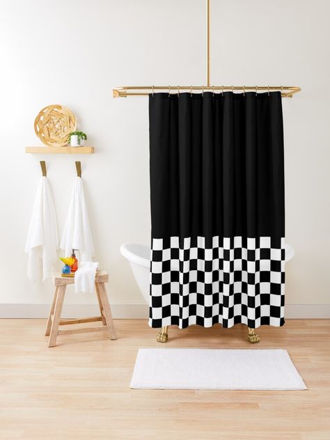 "Solid Black Rectangle With Black And White Check Trim" Shower Curtain for Sale by QuestingPixel Modern Pattern Geometric, Mid Century Modern Patterns, Black Rectangle, Curtains For Sale, Bathroom Accessories, Solid Black, Shower Curtain, Mid-century Modern, Trim