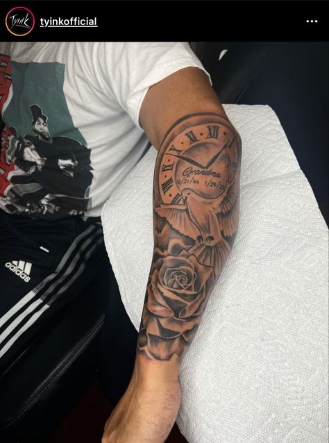 Forarm Tattoos Mens Small, Men’s Tattoo Half Sleeve, Rip Tattoos For Men Shoulder, Mom Dedication Tattoos For Men, Fore Arm Sleeve Tattoo Men, Forarm Tattoos Top, Forearm Tattoo Men Sleeve God, Men Tattoo Ideas Family, Rip Tattoo Ideas For Men Forearm