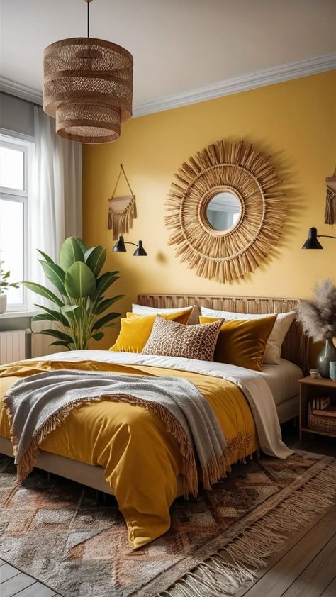 Master Bedrooms Decor Yellow, Dark Yellow Accent Wall, House Design Themes, Dorm Room Color Ideas, Gold Walls Bedroom, Yellow Comforter Bedroom Ideas, Light Yellow Bedroom Walls, Warm Colors For Bedroom, Yellow Gold Bedroom