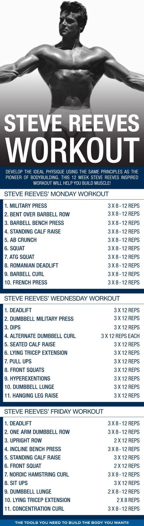 Steve Reeves Workout, Build Muscle Workout, Mass Workout, Bodybuilding Routines, Strongman Training, Steve Reeves, Monday Workout, Fitness Habits, Muscle Workout