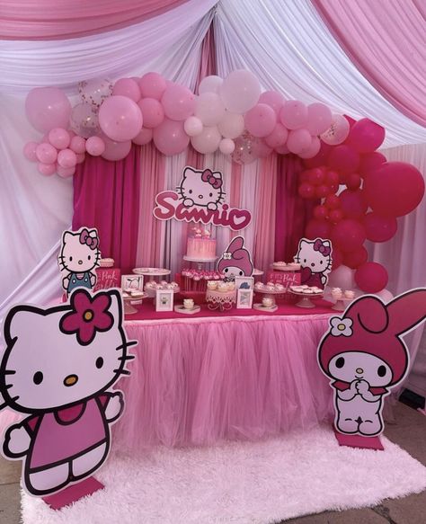 Hello Kitty Theme Sweet 16, 1st Birthday Hello Kitty Theme, Sanrio Party Aesthetic, Sanrio Party Theme Ideas, Hello Kitty 18th Birthday Party, Hello Kitty Sanrio Birthday Party Ideas, Hellokitty Birthday Party, Hello Kitty Birthday Ideas Decoration, Pink Hello Kitty Birthday Party