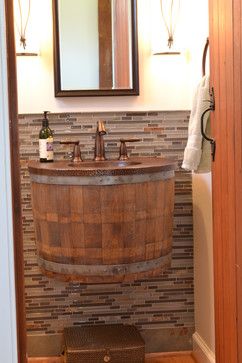 Wine Barrel Sink Design Ideas, Pictures, Remodel, and Decor Barrel Bathroom Sink, Bathroom Sink Furniture, Wine Barrel Sink, Diy Sink, Future Restaurant, Wine Barrel Chairs, Barrel Sink, Barn Bathroom, Wine Barrel Table