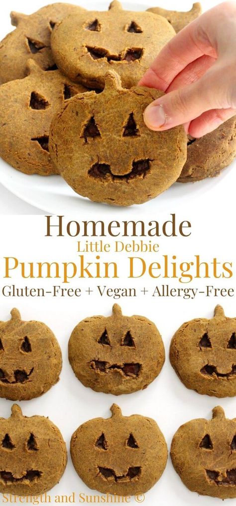 Homemade Little Debbie Pumpkin Delights Recipe (Gluten-Free, Vegan, Allergy-Free) | Strength and Sunshine | This Homemade Little Debbie Pumpkin Delights recipe is a copycat version of the seasonal treat you know and love! A healthier gluten-free, vegan, and allergy-free recipe for the soft pumpkin spiced cookies with a spooky carved face and stuffed with pumpkin butter filling! A dessert that tastes like pumpkin pie but you don't have to wait for its limited-edition arrival! #cookies #pumpkin Pumpkin Face Cookies, Pumpkin Shaped Cookies, Spiced Cookies, Cookies Pumpkin, Sweat Treats, Tasty Cookies, Pumpkin Delight, Homegrown Food, Pumpkin Spice Cookies