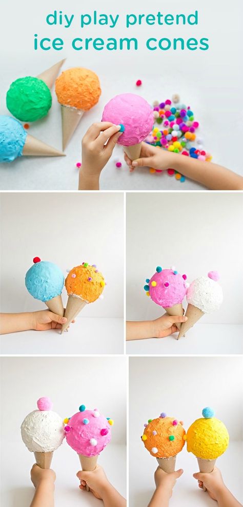 Your little ones may love helping you create these soft and safe DIY toddler toys: play pretend ice cream cones. Plus, they can have hours of kid-friendly summertime fun with them later! Ice Cream Toy Diy, Pretend Play Ice Cream, Ice Cream Party Games, Diy Pretend Play, Ice Cream Craft, Ice Cream Diy, Play Ice Cream, Diy Toddler Toys, Ice Cream Crafts