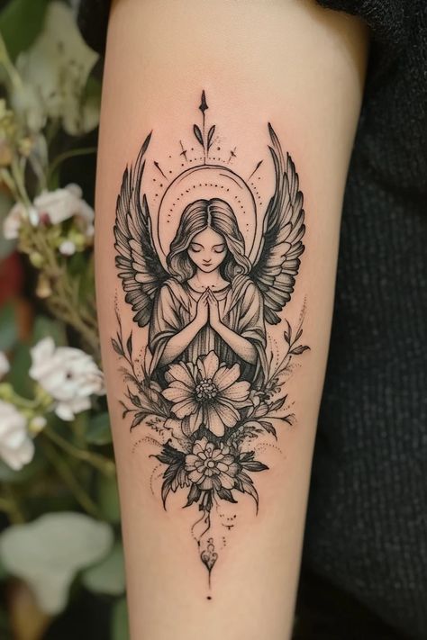 engel 57 Garden Angel Tattoo, Guardian Angel Tattoo For Women, Michael Archangel Tattoo, Angel Tattoo Arm, Beautiful Angel Tattoos, Angel Tattoo For Women, Guardian Angel Tattoo Designs, Guardian Angel Tattoo, Tattoo Mini