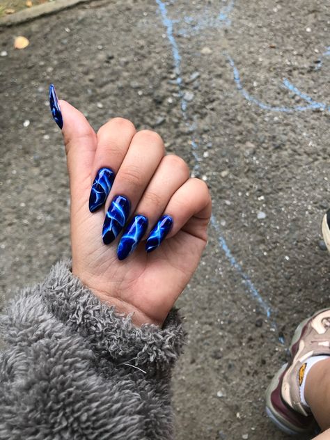 Thunder Nails, Homecoming Nails Acrylic Black, Nails Acrylic Black, Punk Nails, Anime Nails, Edgy Nails, Homecoming Nails Acrylic, Blue Nail, Homecoming Nails