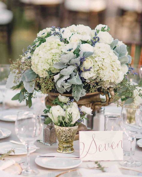 32 Classic Wedding Centerpieces We Love #WeddingFlowers #WeddingCenterpieces #WeddingReception #WeddingDecor | Martha Stewart Weddings - 32 Classic Wedding Centerpieces We Love Classic Wedding Centerpieces, Hydrangea Centerpiece Wedding, Green Wedding Centerpieces, Sage Green Wedding Colors, Elegant Wedding Centerpiece, Hydrangea Centerpiece, Gold Vase, Green Wedding Colors, Elegant Wedding Reception