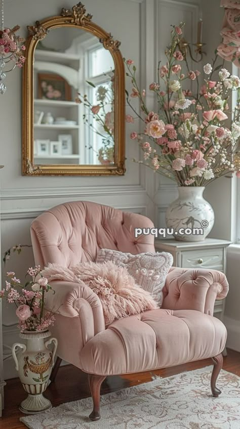 Feminine Sitting Room, Large Vase With Flowers, Creative Entryway, Ornate Gold Mirror, Mint Green Room, Green Room Design, Pink Armchair, Elegant Room, Vase With Flowers