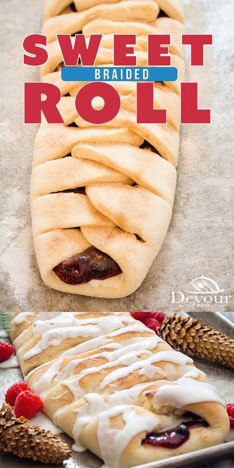 This Sweet Roll is so easy to braid and let me tell you, it's delicious!  Filled with your favorite fruit topping and a little cream cheese, it's a party in your mouth and you will go back for more.  I use my favorite cinnamon roll dough and whip up this gorgeous dessert that is a family favorite.  #devourdinner #devourpower #sweetroll #sweetrollrecipe #braidedbread #bread #breadrecipe #berriesinthesnow #yum #yummy #Kidfriendly #familyapproved #foodiefriday #breakfastrecipe #cinnamonroll Fruit Filled Cinnamon Rolls, Cream Cheese Pie Filling, Braided Sweet Bread, Fruit Topping, Fruit Pie Filling, Sweet Roll Recipe, Cinnamon Roll Dough, Cream Cheese Pie, Yummy Healthy Breakfast