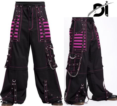 Unisex Gothic Hot pink Threads & Mesh Panel Pant Black Punk Buckle Zips Chain Strap Punk Trousers with understated Gothic Pants Trap Pants Goth, Punk Trousers, Emo Outfit Ideas, Pop Punk Fashion, Gothic Pants, Punk Pants, Black Punks, Lace Outfit, Emo Outfits