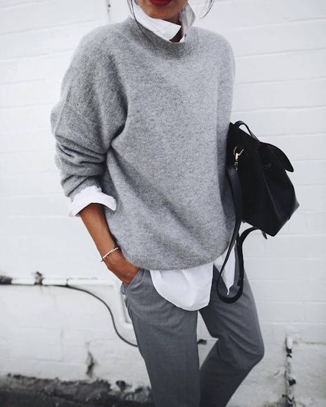 Pull cachemire gris + chemise blanche + pantalon droit : http://www.taaora.fr/blog/post/look-boyish-masculin-feminin-pull-basique-gris-chemise-blanche #outfit #look #boyish Gray Sweater, Grey Pants, A Woman, Grey, Pants, White, Black, Trousers