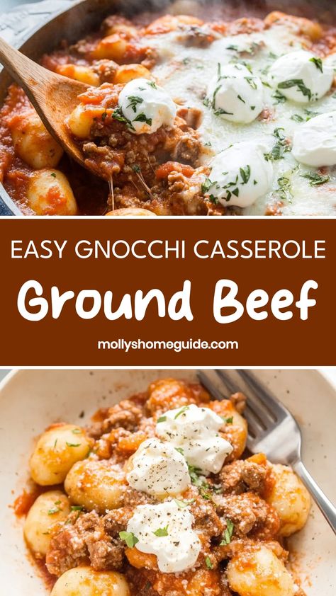 Indulge in the ultimate comfort food with this mouthwatering gnocchi casserole featuring savory ground beef! This easy and family-friendly recipe is perfect for cozy weeknight dinners or special gatherings. The combination of pillowy soft gnocchi, hearty ground beef, rich tomato sauce, and gooey melted cheese creates a winning dish that will satisfy everyone at the table. Gnocchi And Ground Turkey, Dinner Recipes With Gnocchi, Hamburger And Gnocchi Recipes, December Crockpot Meals, Gnocchi Ground Beef Recipes, Gnocchi Casserole Recipes, Hamburger Gnocchi Recipes, Recipes With Gnocchi Simple, Beef Gnocchi Recipes