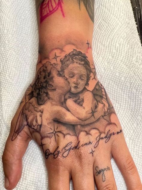 Family Unique Tattoo, Good Hand Tattoos, Stars Around Words Tattoo, Thank You God Tattoos, Cool Hand Tattoo Ideas, Tattoos Of Lust, Angel Half Sleeve Tattoo For Women, Angel Hand Tattoos For Women, Gift Of God Tattoo