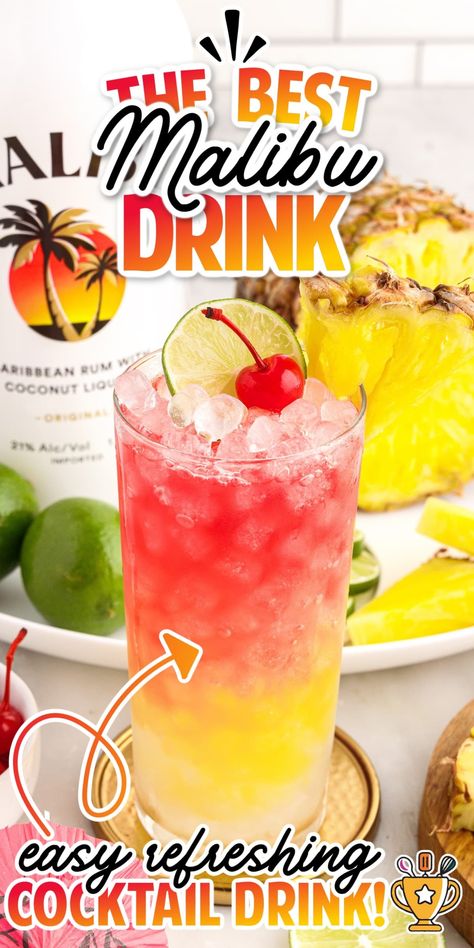 Malibu Paradise Drink, Beach Drinks Alcohol, Alcoholic Drinks Rum, Malibu Cocktail, Coconut Rum Recipes, Coconut Rum Cocktails, Cocktails With Malibu Rum, Sweet Alcoholic Drinks, Malibu Rum Drinks