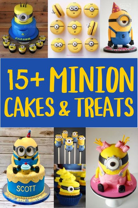 collage of minion cakes and desserts with text "15+ Minion Cakes & Treats" Minion Cookie Cake, Diy Minion Cake, Minion Treats Ideas, Minion Themed Food, Minion Birthday Cake Ideas, Minion Birthday Party Food, Minion Cakes Birthday Boys, Minion Birthday Party Cake, Minion Desserts