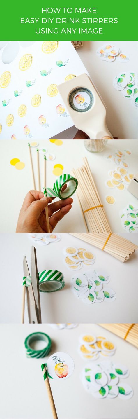 How to make easy DIY drink stirrers with any image you wish! Just attach to wooden sucker sticks using washi tape. Use circle punch & stickers or stamps. Diy Drink Stirrers, Drink Stirrers Diy, Flavored Ice Cubes, Diy Cocktails, Diy Drinks, Custom Cocktails, Drink Stirrers, Craft Punches, Fun Birthday Party