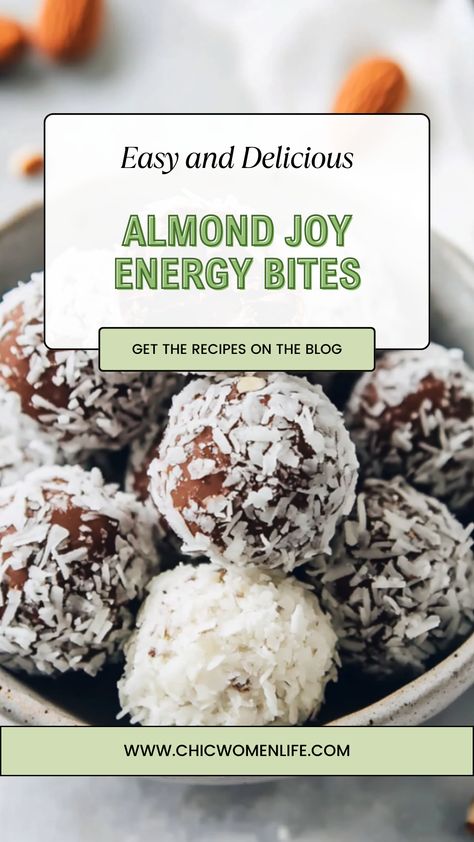 Almond Joy Energy Bites Dessert Quotes, Almond Joy, No Bake Snacks, Raw Almonds, Night Snacks, Dried Apricots, Energy Bites, Roasted Almonds, Chocolate Coconut