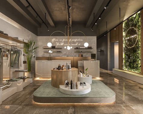 Store Concept Design on Behance Modern Spa Interior Design, Industrial Salon Design Interiors, Boutique Shop Interior Design, Day Spa Interiors, Store Concept Design, Deco Spa, Butik Design, Ruangan Studio, Retail Store Interior Design