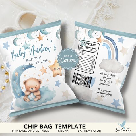 Christening Souvenirs, Baptism Gifts For Boys, Baptism Party Favors, Bag Template, Chip Bag Template, Christening Favors, Custom Party Favors, Boy Christening, Baptism Party