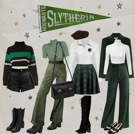 Slithering Aesthetic Clothes, Slytherin Outfit Inspiration, Hp Outfits Harry Potter, Slytherincore Outfits, Slytherin Style Outfits, Hogwarts Aesthetic Outfits Slytherin, Slytherin Outfit Girl, Hogwarts Outfits Slytherin, Harry Potter Outfits Slytherin