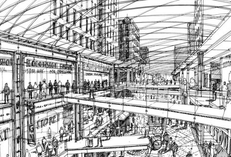 http://www.tryzybowicz.com/blackwhite Shopping Mall Design, Perspective Sketch, Perspective Drawing Architecture, Architecture Drawing Plan, Interior Design Renderings, Interior Design Drawings, Architecture Sketchbook, Mall Design, Interior Design Sketches