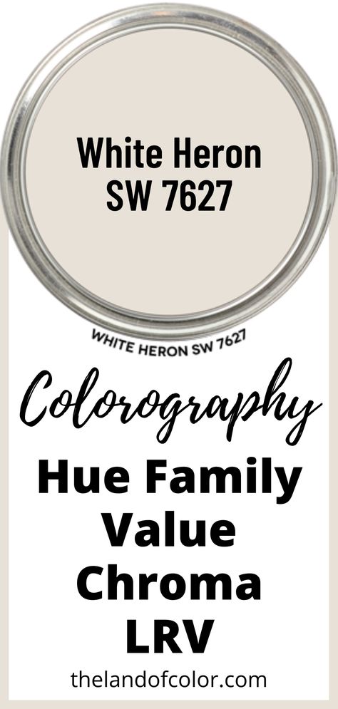 White Heron 7627 - do undertones make you want to scream? 😱 STOP struggling. 🌈 Get hue family, value, chroma, LRV info from a Color Strategist! #whiteheron #SherwinWilliams #paintcolor #paintcolordna #colorography White Heron Sherwin Williams Walls, Sherwin Williams White Heron Walls, Sw White Heron Walls, Sw White Heron, White Heron Paint, White Heron Sherwin Williams, Sherwin Williams White Heron, Greystone House, White Interior Paint