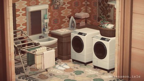 Acnh Washroom Ideas, Acnh Laundry Area, Animal Crossing Laundry Room, Acnh Bathroom Laundry Room, Acnh Retro Room, Anch Ideas, Acnh House, Retro Bathroom, Acnh Cottagecore