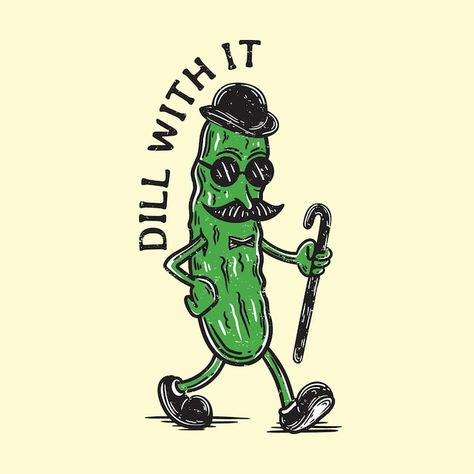 Cute Pickle Tattoo, Pickle Illustration, Pickles Cartoon, Desain Pantry, Caracter Design, Wearing A Hat, Retro Illustration, A Stick, Blank Canvas