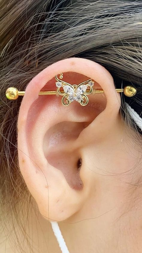 Eat Bar Piercing, Industrial Bar Piercing Aesthetic, Aesthetic Industrial Piercing, Pretty Industrial Piercing, Indistruel Piercing, Industrial Piercing Earrings, Unique Industrial Piercing Jewelry, Industrial Jewelry Piercings, Piercing Ideas Industrial