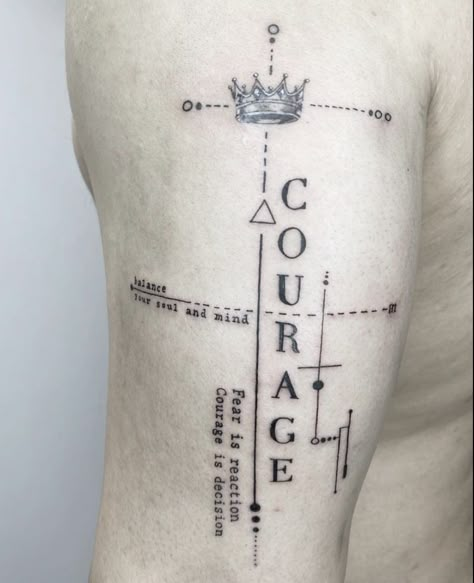 Take Action Tattoo, Fortitude Tattoo, Small Sentence Tattoo, Destination Tattoo, Courage Tattoo Men, Tattoo Courage, Men’s Tricep Tattoo, Discipline Tattoo Ideas, Art Tattoo Ideas